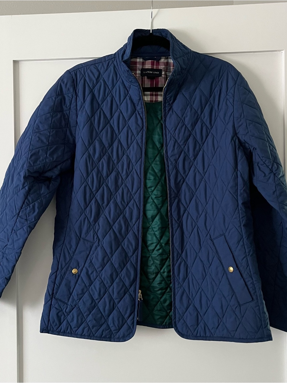 Lands' End Navy Diamond-Quilt Puffer with Green Lining